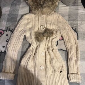 American Eagle Outfitters Cream Cable Knit Cardigan with Faux Fur Trim